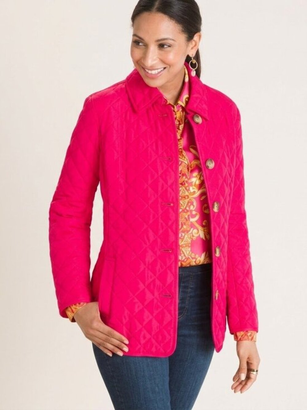 Chico's Quilted Diamond Stitch Jacket Pink Fuchsia Size 2 (US 12/14) NWOT